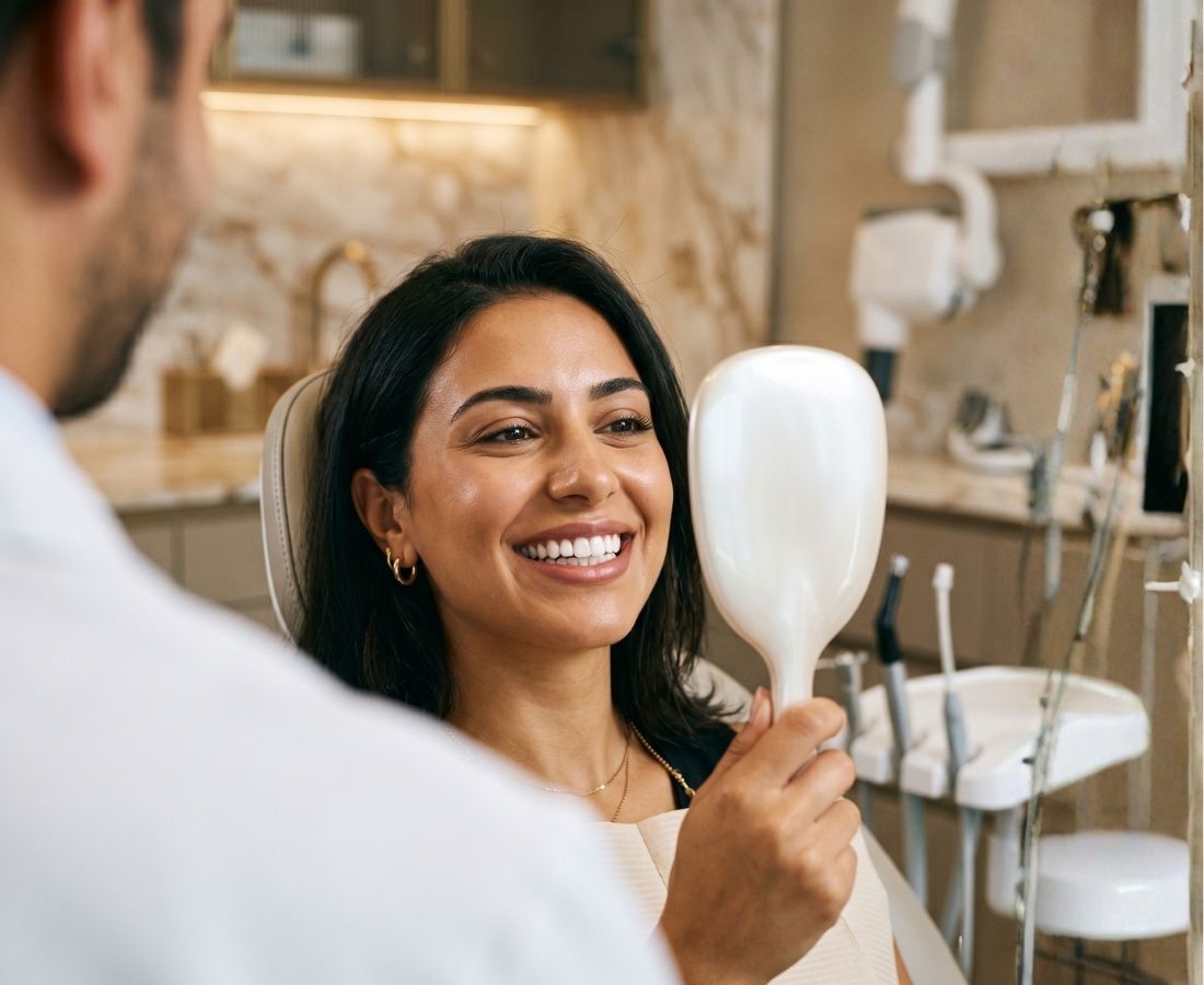 High-end dental clinic interior — soft lighting, professional environment